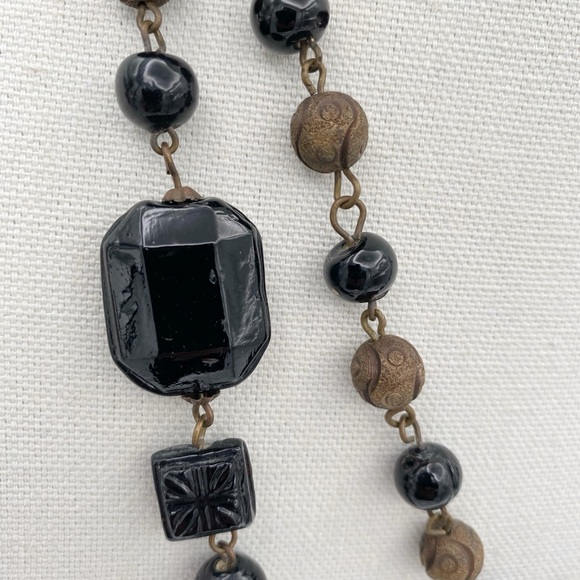 Long Black Ceramic, Acrylic & Bronze Color Beaded Two Strand Necklace - Picture 3 of 9